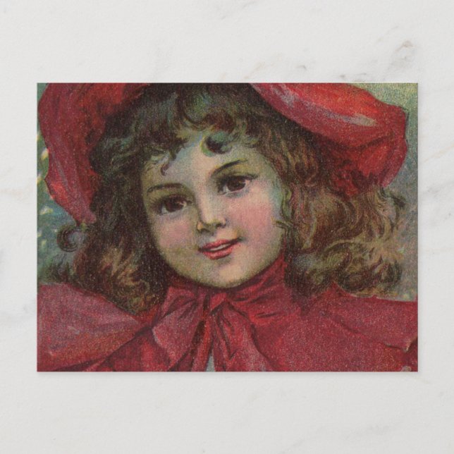 Christmas Victorian Child Red Hat Girl Portrait Ar Holiday Postcard (Front)