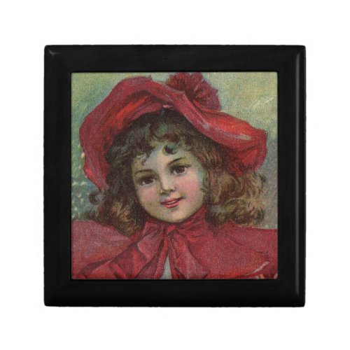 Christmas Victorian Child Red Hat Girl Portrait Ar Jewelry Box