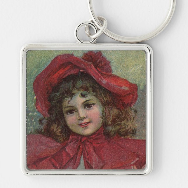 Christmas Victorian Child Red Hat Girl Portrait Ar Keychain (Front)