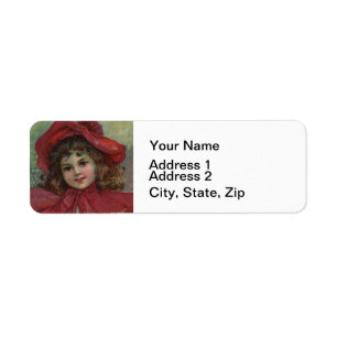 Christmas Victorian Child Red Hat Girl Portrait Ar Label