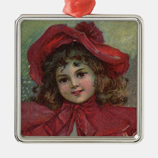 Christmas Victorian Child Red Hat Girl Portrait Ar Metal Ornament (Front)