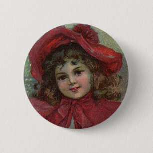 Christmas Victorian Child Red Hat Girl Portrait Ar Pinback Button