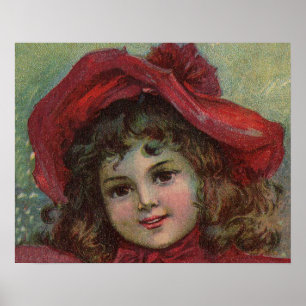 Christmas Victorian Child Red Hat Girl Portrait Ar Poster