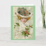 Christmas Victorian Lady Holding A Sprig Of Holly Holiday Card at Zazzle