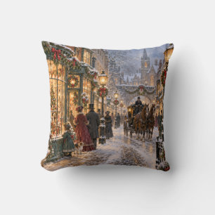 Christmas Victorian Street Winter Scene Throw Pillow