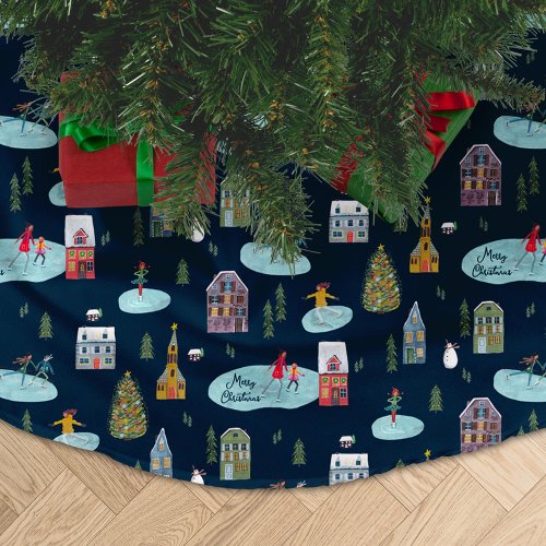 Christmas Village Blue Pattern Merry Christmas Brushed Polyester Tree Skirt