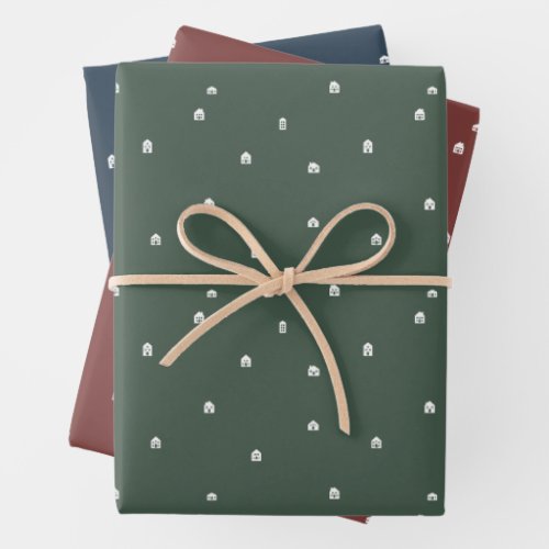 Christmas village cute simple three color holiday wrapping paper sheets