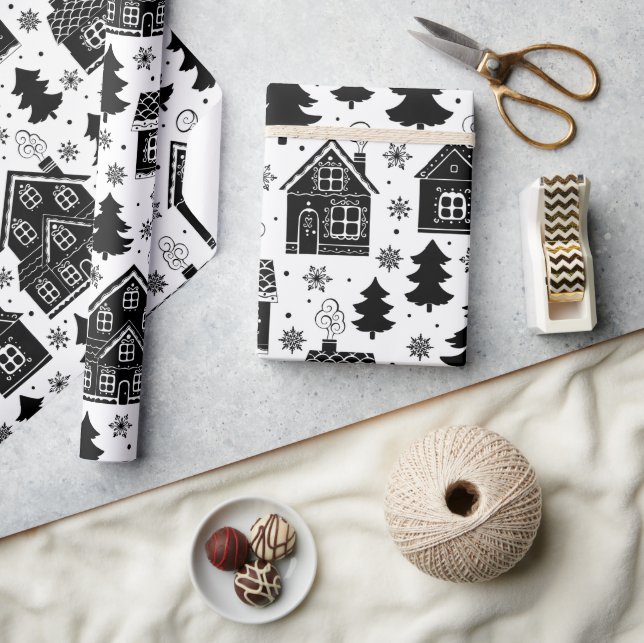 Christmas Village House In The  Black Tree Art  Wrapping Paper (Crafts)