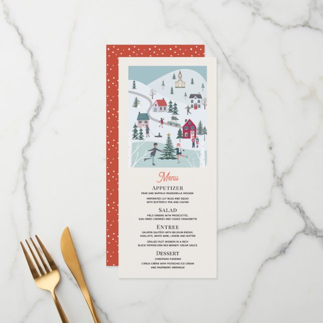 Christmas Village Ice Skating Holiday Dinner Party Menu (Front/Back In Situ)
