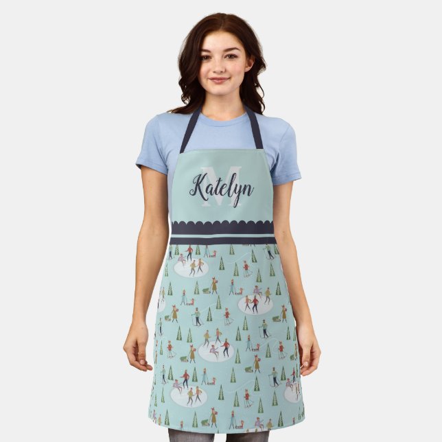 Christmas Village Ice Skating & Skiing Holiday Apron (Worn)