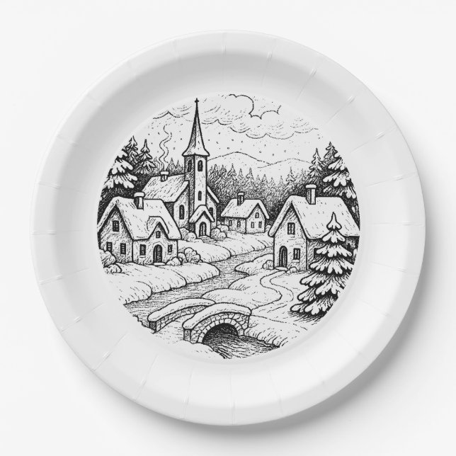 Christmas  Village in Winter Paper Plates (Front)