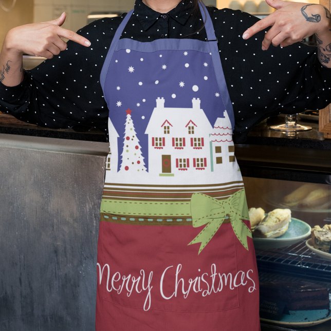Christmas Village Merry Christmas Red Snow Winter Apron (Festive Christmas Chef Apron)