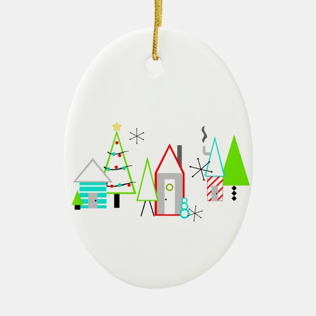 christmas village mid century modern ceramic ornament (Front)