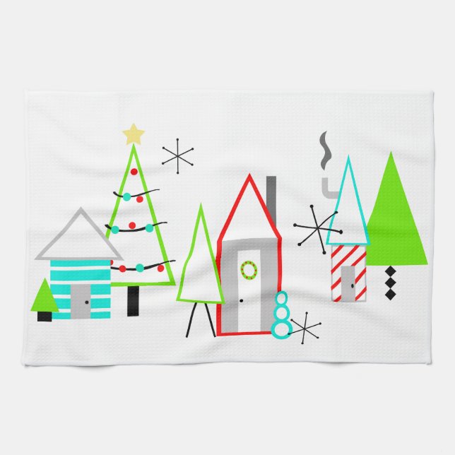 christmas village mid century modern kitchen towel (Horizontal)