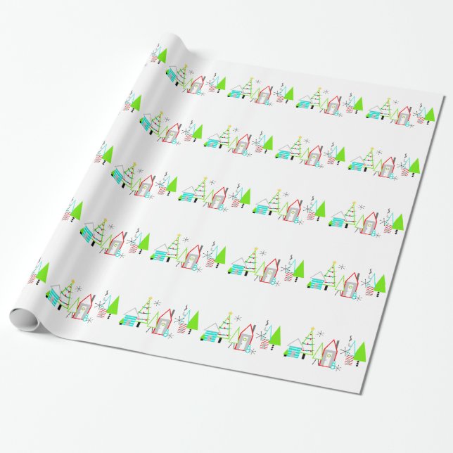 christmas village mid century modern wrapping paper (Unrolled)