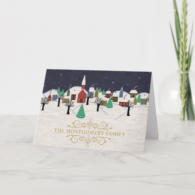 Christmas Village Monogram Silent Night Christian Holiday Card (Front)