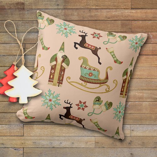 Christmas Village Pattern Vintage Throw Pillow