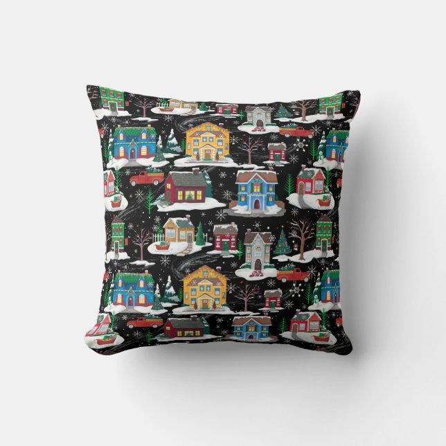 Christmas Village Print Holiday Pillow (Front)