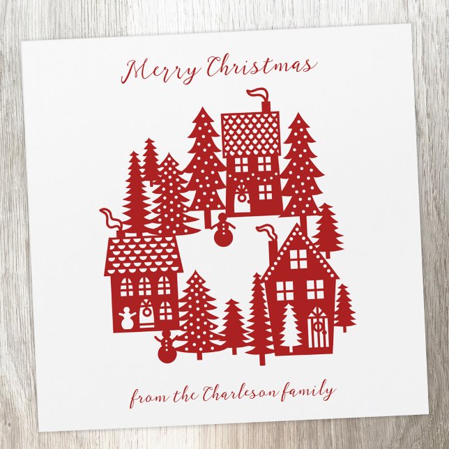 Christmas Village Red and White (Personalized Christmas Village red and white card)
