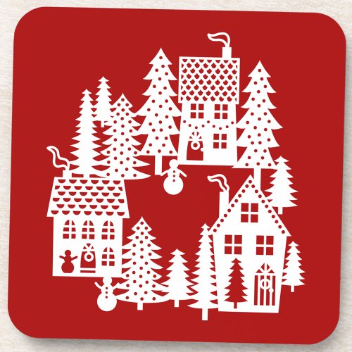 Christmas Village Red and White Beverage Coaster