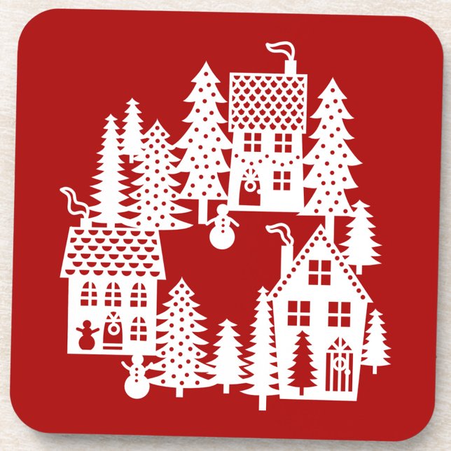 Christmas Village Red and White Beverage Coaster (Christmas Village red and white  festive drinks coaster)
