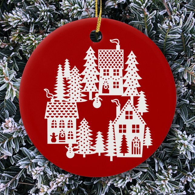 Christmas Village Red and White Ceramic Ornament (Red and white Christmas Village ceramic ornament)