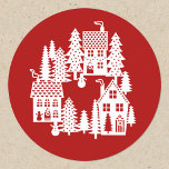 Christmas Village Red and White Classic Round Sticker<br><div class="desc">A little Christmas village nestled in the snow.  Original art by Nic Squirrell.</div>