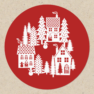Christmas Village Red and White Classic Round Sticker