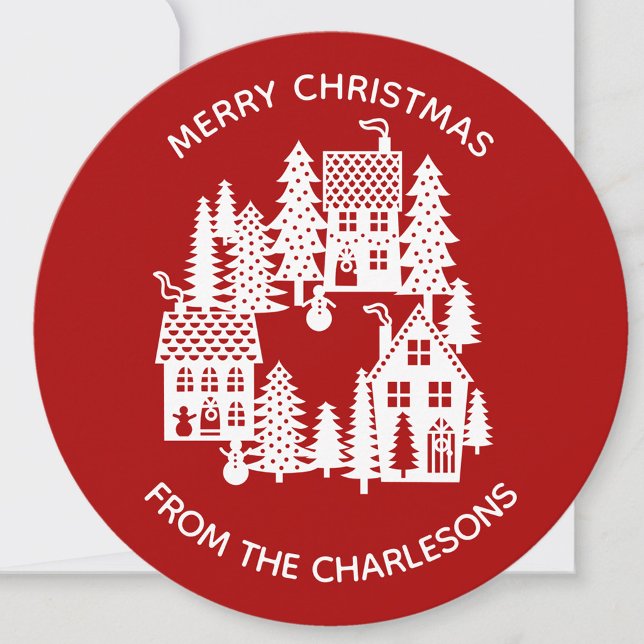 Christmas Village Red and White Personalized Holiday Card (Christmas Village personalized holiday card)