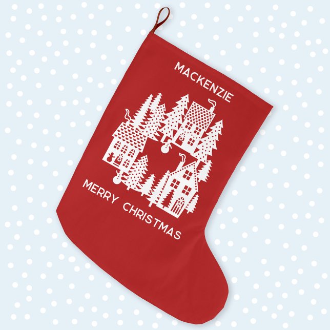 Christmas Village Red and White Personalized Large Christmas Stocking (Christmas Village red and white personalized festive stocking)