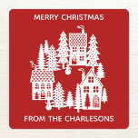 Christmas Village Red and White Personalized Square Sticker<br><div class="desc">A little Christmas village nestled in the snow.  Original art by Nic Squirrell.  Change the greeting and name to personalize.</div>