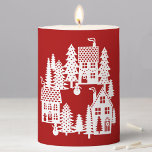 Christmas Village Red and White Pillar Candle<br><div class="desc">A little Christmas village nestled in the snow.  Original art by Nic Squirrell.</div>