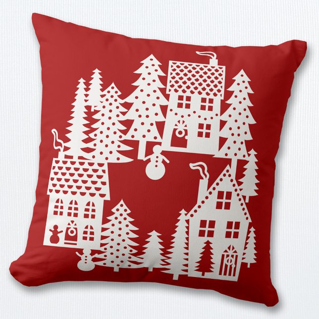 Christmas Village Red and White Throw Pillow (Christmas snowy village scene red and white pillow)