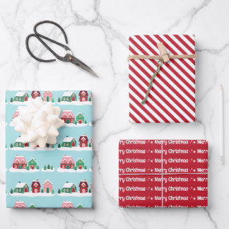 Christmas Village Red Stripe Wrapping Paper Sheets
