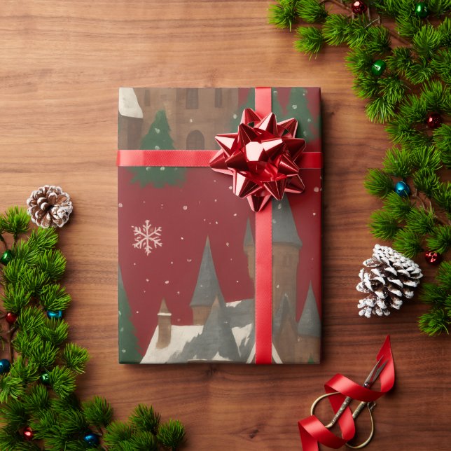 Christmas Village Red Wrapping Paper – Snowy House (Holiday Gift)