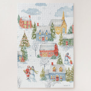 Christmas Village Santa Snowmen Watercolor Jigsaw Puzzle