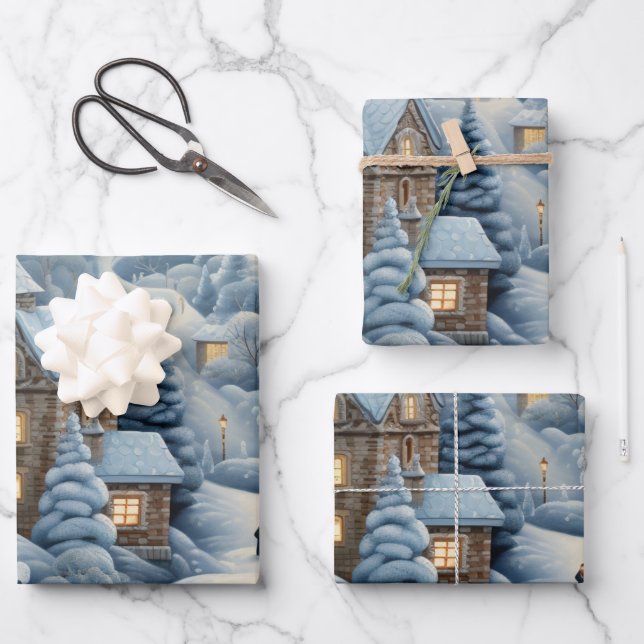 Christmas Village Scene Wrapping Paper Sheets (Front)