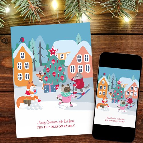 Christmas Village Square with Woodland Animals Holiday Card