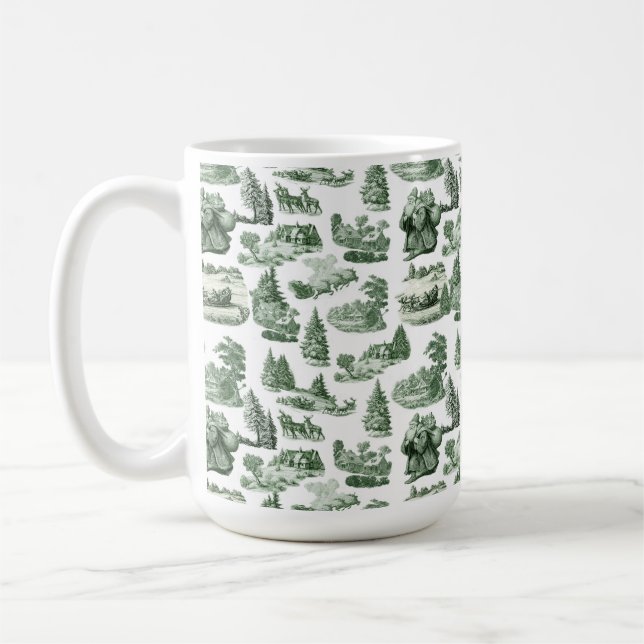Christmas Village Themed Green Toile Design Coffee Mug (Left)