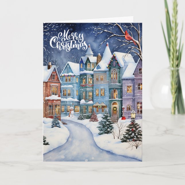 Christmas Village Winter Pines and Cardinal Bird Holiday Card (Front)