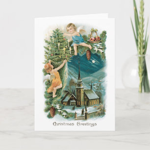 Christmas Village with Angels Holiday Card