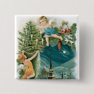 Christmas Village with Angels Pinback Button