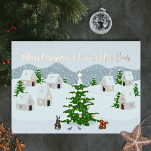 Christmas village with cute animals and snow foil holiday card