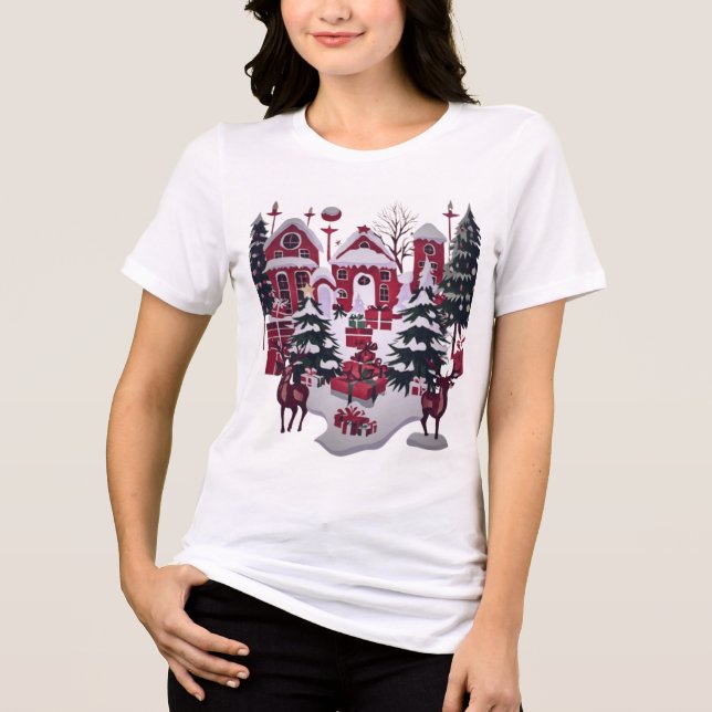 Christmas village with trees, gifts and reindeer  Tri-Blend shirt (Front)