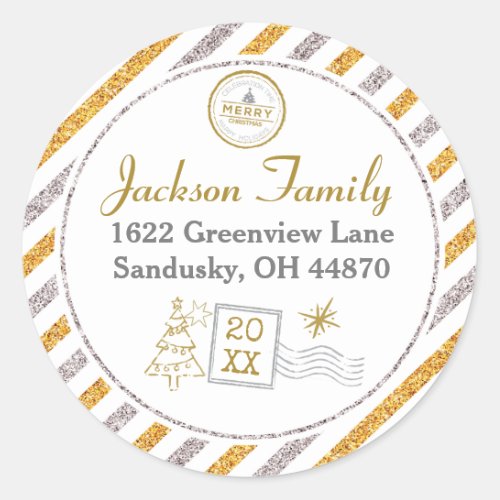 Christmas Vintage Air Mail Gold Glitter Address Classic Round Sticker