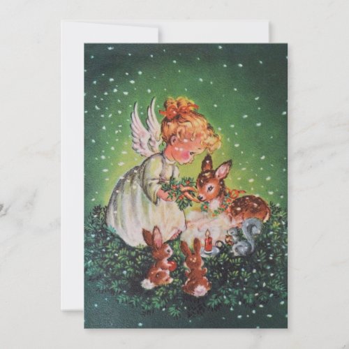 Christmas Vintage Angel Girl Feeding Animals Holiday Card