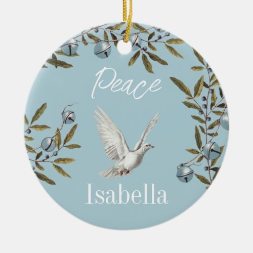 Christmas Vintage Bells Dove Peace Olive Branches Ceramic Ornament