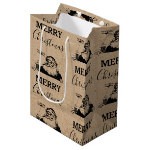 Christmas Vintage Black White Kraft Santa Claus Medium Gift Bag