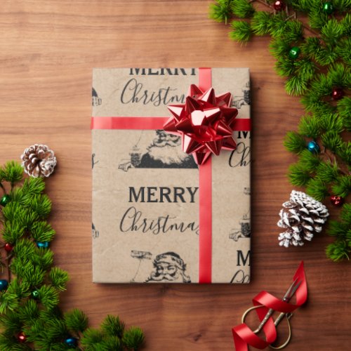 Christmas Vintage Black White Kraft Santa Claus  Wrapping Paper