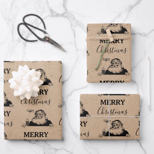 Christmas Vintage Black White Kraft Santa Claus Wrapping Paper Sheets